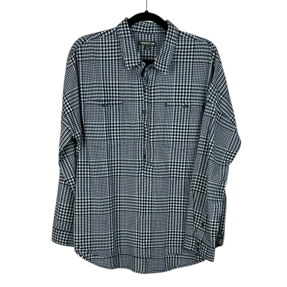 Toad & Co. Casual Plaid Organic Cotton Long Sleeve Popover Blouse Large Blue